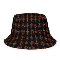 Infernal Invocation reversible bucket hat featuring occult ritual and infernal symbol artwork on one side and a black My Evil Things branded reverse side.