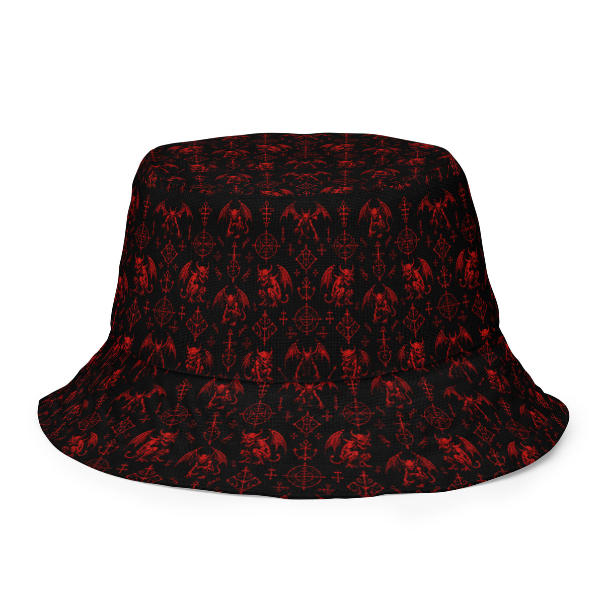 The Fifth Circle Red reversible bucket hat featuring demon horror artwork on one side and a black My Evil Things branded reverse side.