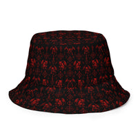 The Fifth Circle Red reversible bucket hat featuring demon horror artwork on one side and a black My Evil Things branded reverse side.