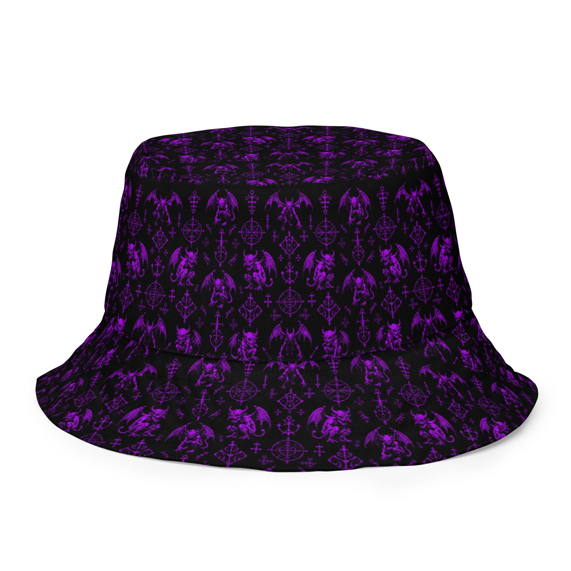 The Fifth Circle Purple reversible bucket hat featuring demon horror artwork on one side and a black My Evil Things branded reverse side.