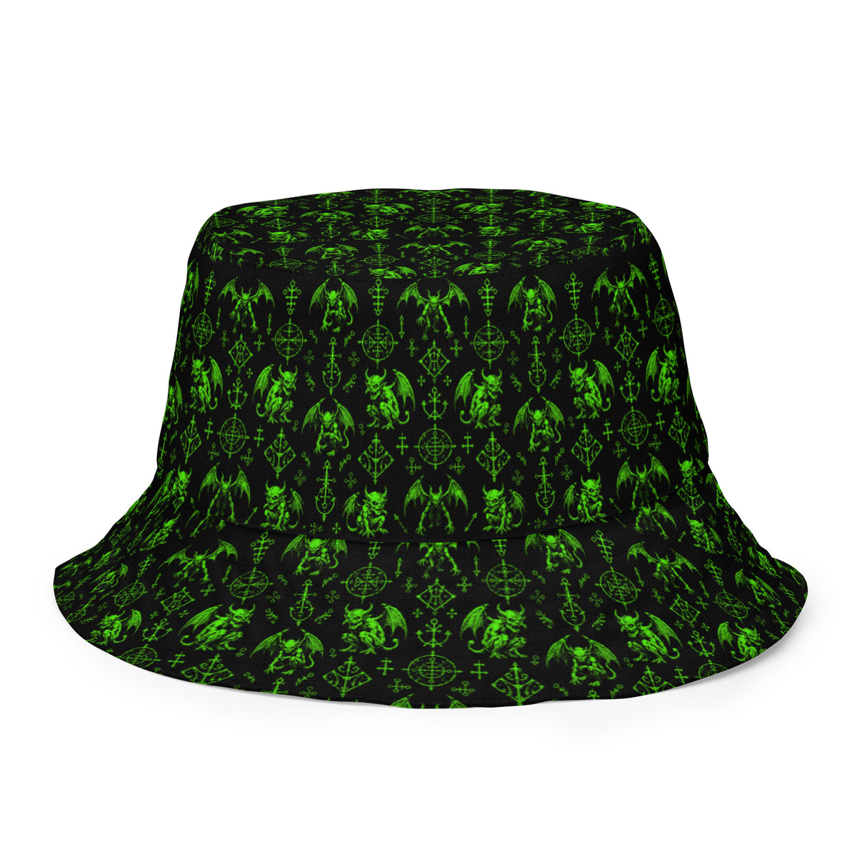 The Fifth Circle Green reversible bucket hat featuring demon horror artwork on one side and a black My Evil Things branded reverse side.