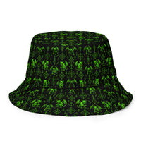 The Fifth Circle Green reversible bucket hat featuring demon horror artwork on one side and a black My Evil Things branded reverse side.