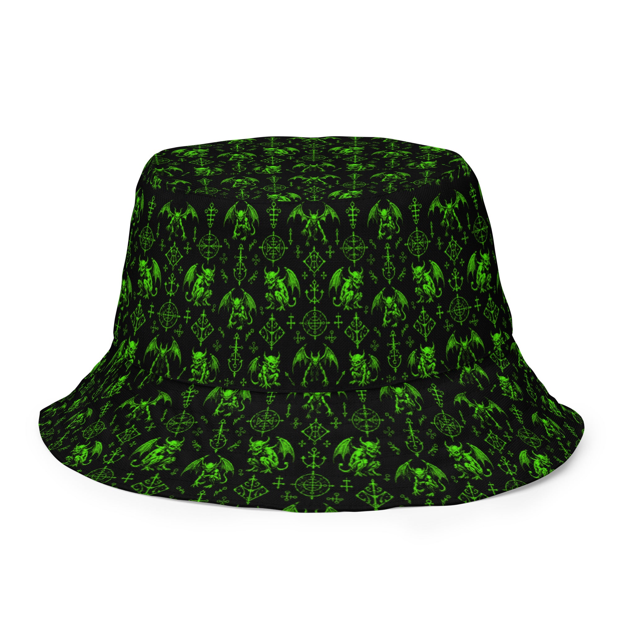 The Fifth Circle Green reversible bucket hat featuring demon horror artwork on one side and a black My Evil Things branded reverse side.