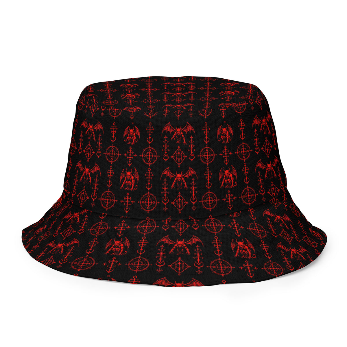 The Sixth Circle Red reversible bucket hat featuring infernal demon artwork on one side and a black My Evil Things branded reverse side.