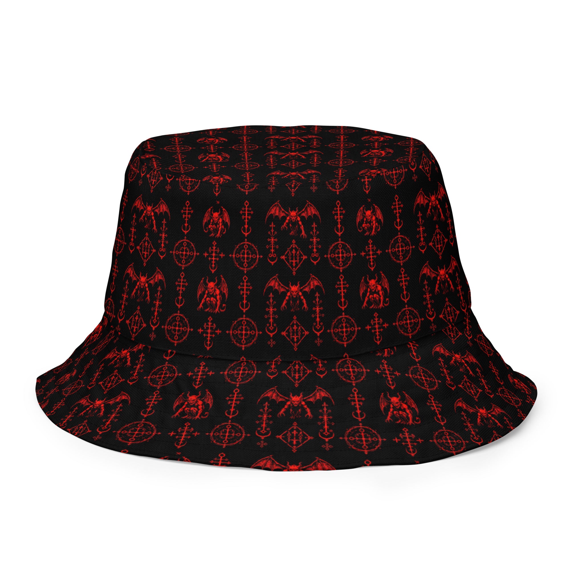 The Sixth Circle Red reversible bucket hat featuring infernal demon artwork on one side and a black My Evil Things branded reverse side.