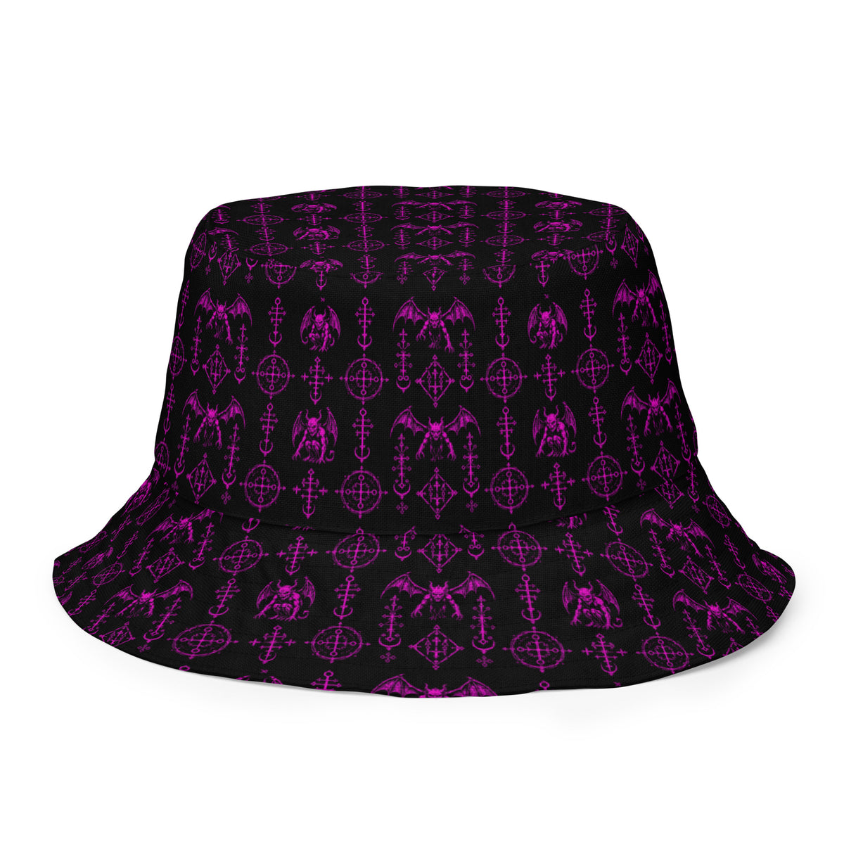 The Sixth Circle Pink reversible bucket hat featuring infernal demon artwork on one side and a black My Evil Things branded reverse side.