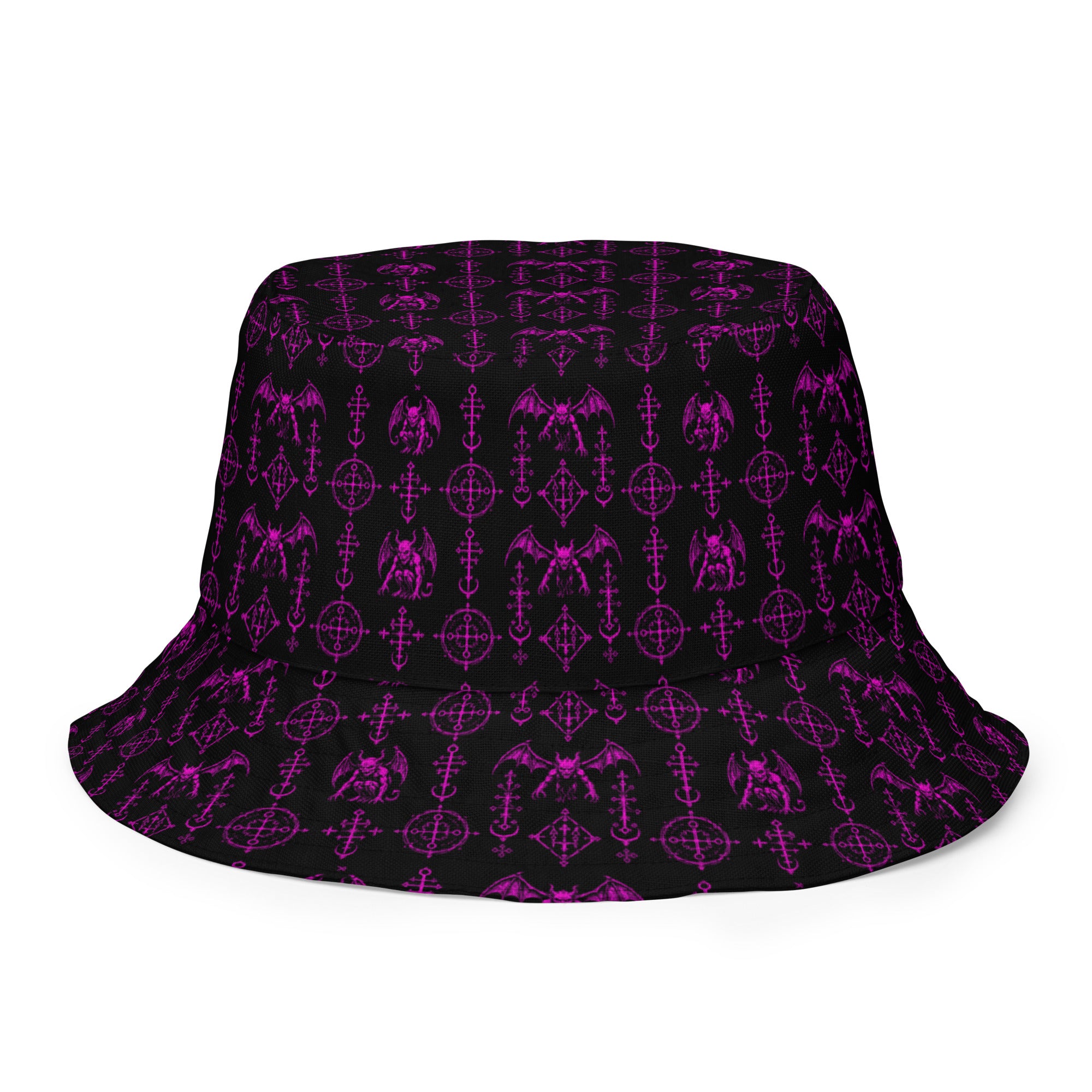 The Sixth Circle Pink reversible bucket hat featuring infernal demon artwork on one side and a black My Evil Things branded reverse side.