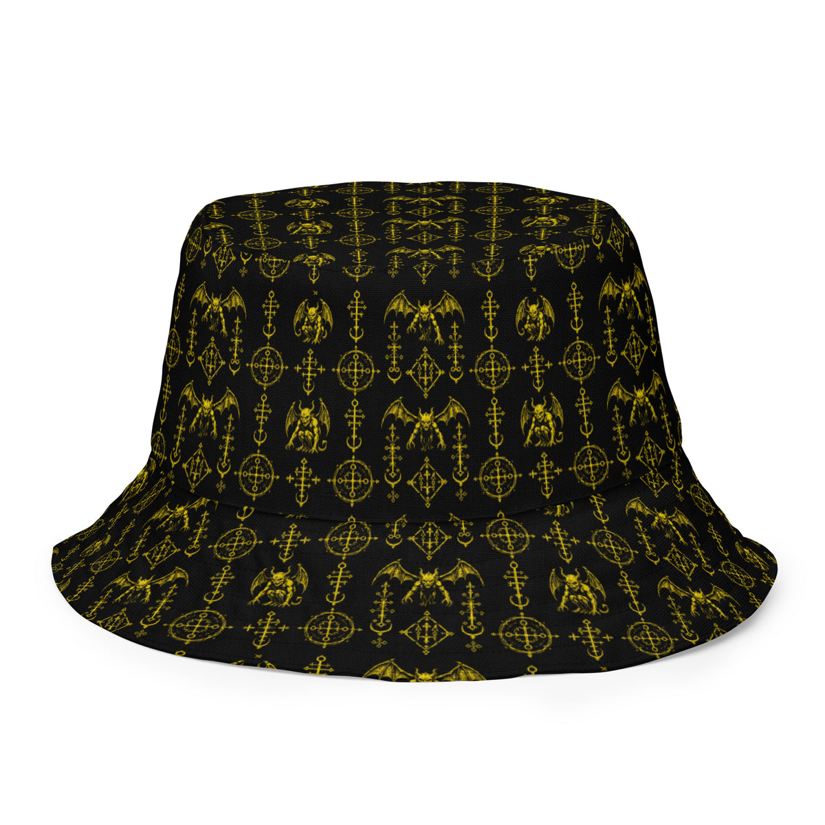 The Sixth Circle Yellow reversible bucket hat featuring infernal demon artwork on one side and a black My Evil Things branded reverse side.