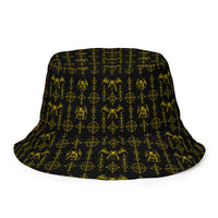 The Sixth Circle Yellow reversible bucket hat featuring infernal demon artwork on one side and a black My Evil Things branded reverse side.