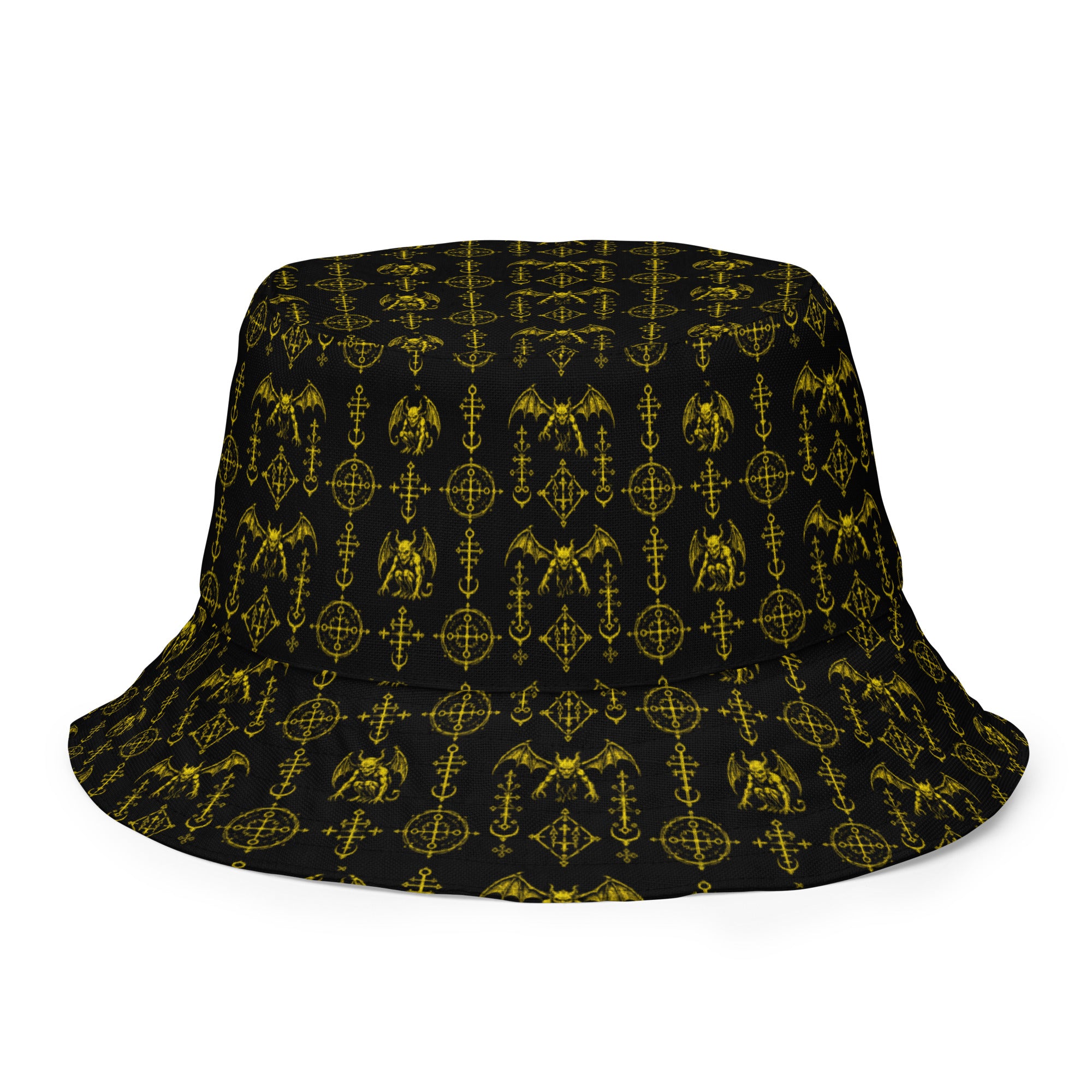 The Sixth Circle Yellow reversible bucket hat featuring infernal demon artwork on one side and a black My Evil Things branded reverse side.