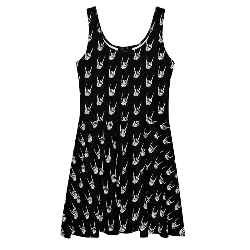 Raise the Devil skater dress featuring skeletal devil-horn hand artwork from the Memento Mori collection.