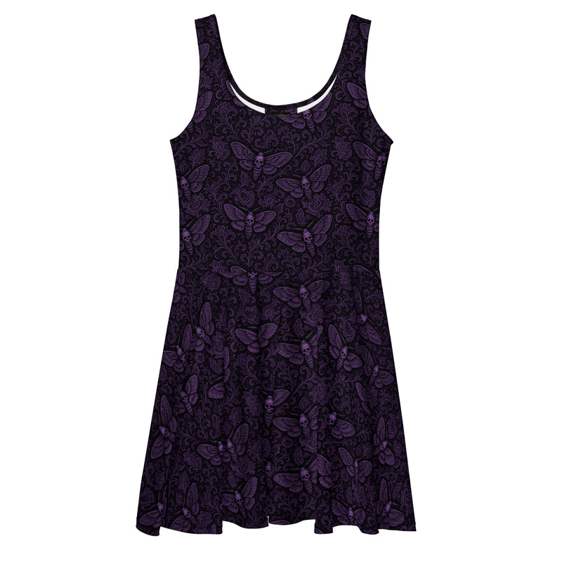 Purple Soul’s Messenger skater dress featuring an all-over death moth pattern inspired by memento mori symbolism and classic horror.