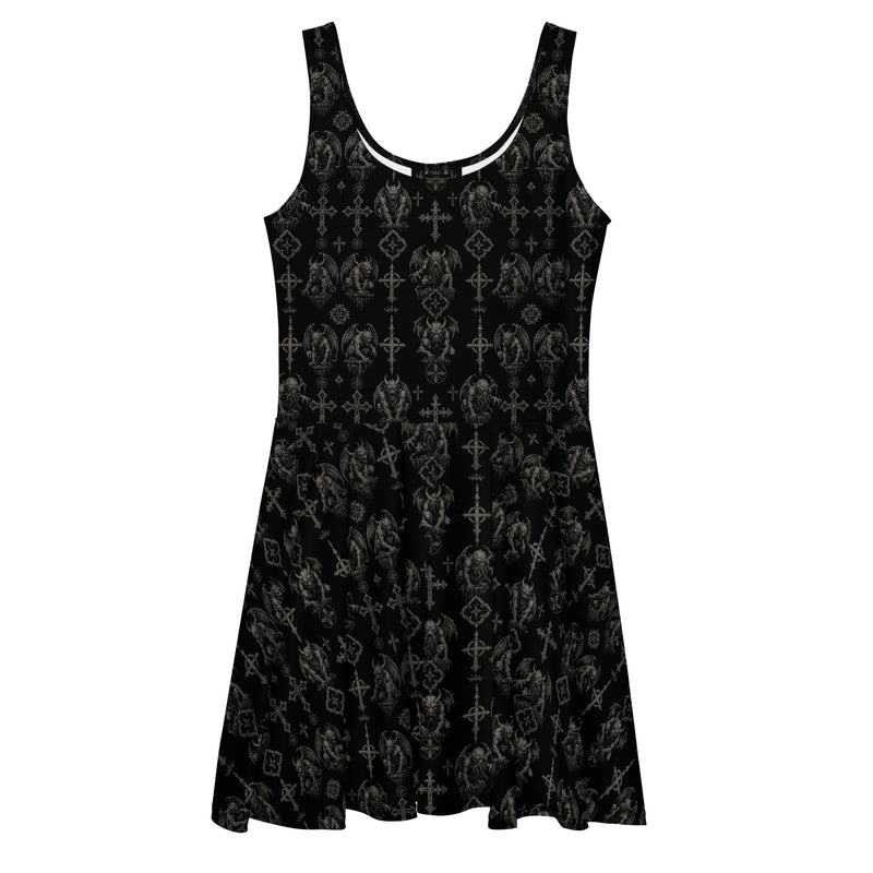 Wardens of Stone skater dress featuring an all-over gothic gargoyle pattern from the Demonology and Children of the Night collections.