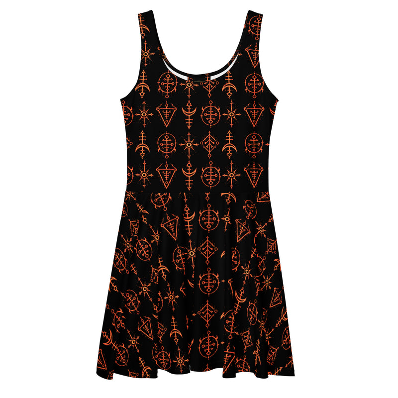 Infernal Invocation skater dress featuring an all-over occult ritual pattern from the Demonology collection.