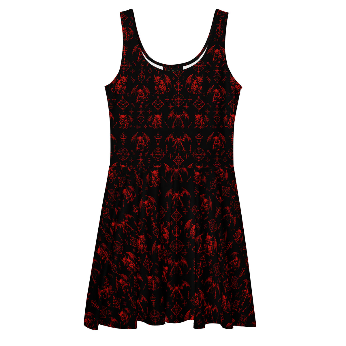 Red Fifth Circle skater dress featuring an all-over demon bat pattern inspired by the infernal circle of wrath.