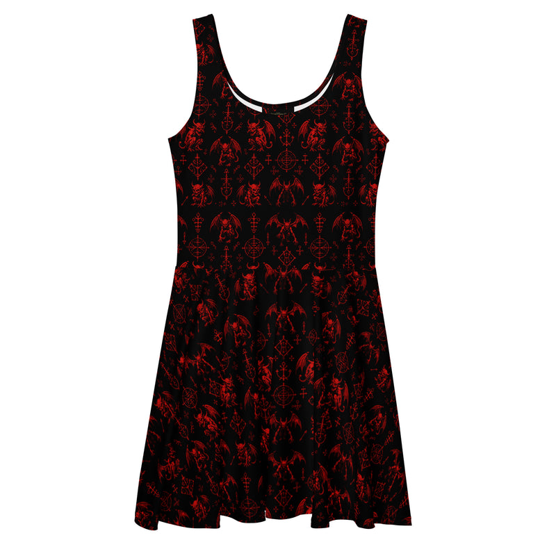 Red Fifth Circle skater dress featuring an all-over demon bat pattern inspired by the infernal circle of wrath.