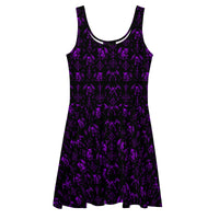 Purple Fifth Circle skater dress featuring an all-over demon bat pattern inspired by the infernal circle of wrath.