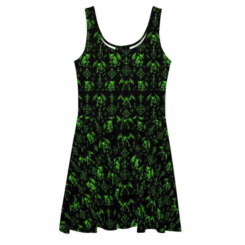 Green Fifth Circle skater dress featuring an all-over demon bat pattern inspired by the infernal circle of wrath.