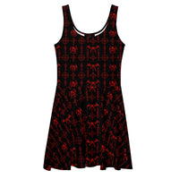 Red Sixth Circle skater dress featuring an all-over hellspawn guardian pattern inspired by the burning tombs of Hell.