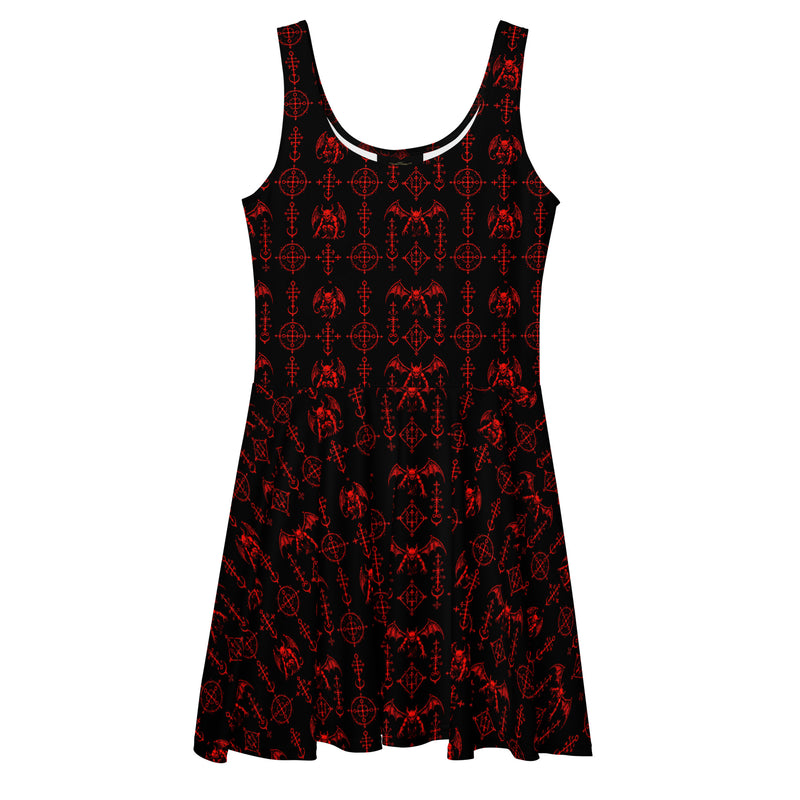 Red Sixth Circle skater dress featuring an all-over hellspawn guardian pattern inspired by the burning tombs of Hell.