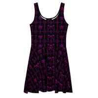 Pink Sixth Circle skater dress featuring an all-over hellspawn guardian pattern inspired by the burning tombs of Hell.