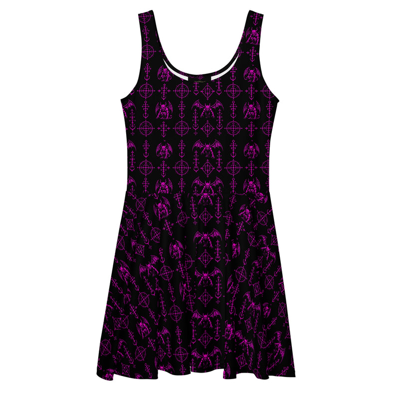 Pink Sixth Circle skater dress featuring an all-over hellspawn guardian pattern inspired by the burning tombs of Hell.