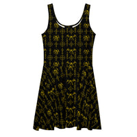 Yellow Sixth Circle skater dress featuring an all-over hellspawn guardian pattern inspired by the burning tombs of Hell.