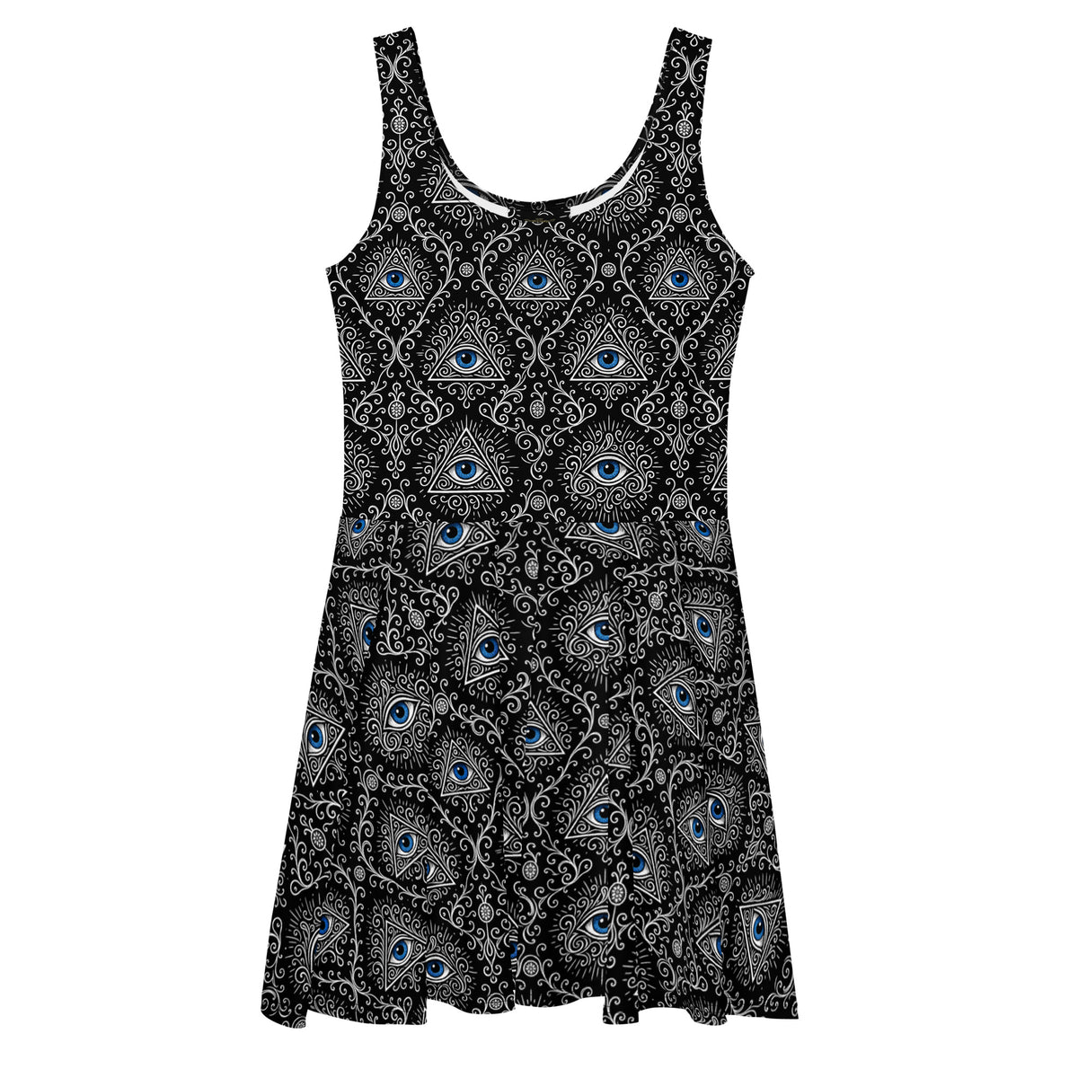 Second Sight psychic eye skater dress featuring electric-blue eyes, black-and-white mystical ornamentation and an all-over occult-inspired pattern.