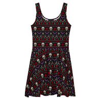 Merry Skull-Mas horror Christmas skater dress featuring faux-knit skulls, bats, snowflakes and festive red, purple and white patterns on black.