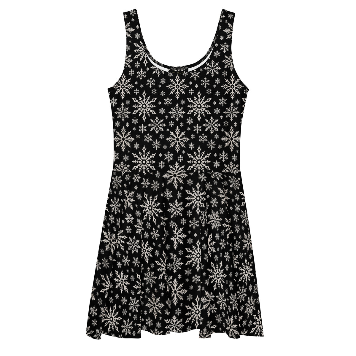 Dead of Winter gothic Christmas skater dress featuring black and ivory faux-knit snowflakes in a dark ugly sweater-inspired pattern.