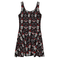 Slay Bells serial killer horror Christmas skater dress featuring sinister portrait motifs, crossed knives, candy canes, snowflakes and red faux-knit holiday details.