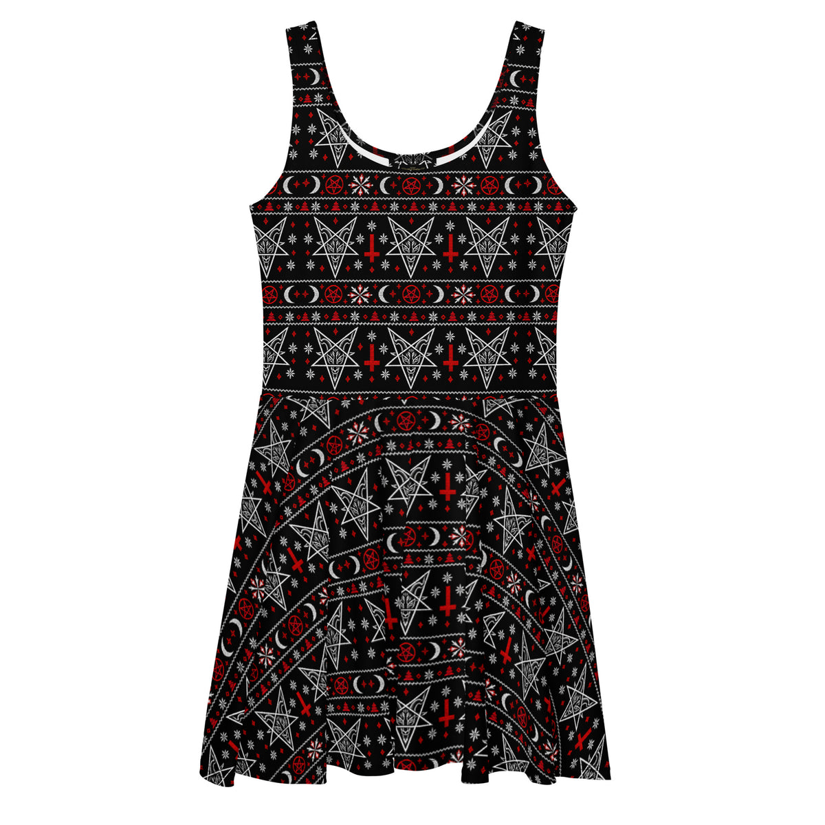 Hail Santa satanic Christmas skater dress featuring Baphomet, inverted crosses, pentagrams, crescent moons and red and white faux-knit holiday motifs.