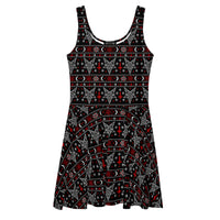 Hail Santa satanic Christmas skater dress featuring Baphomet, inverted crosses, pentagrams, crescent moons and red and white faux-knit holiday motifs.