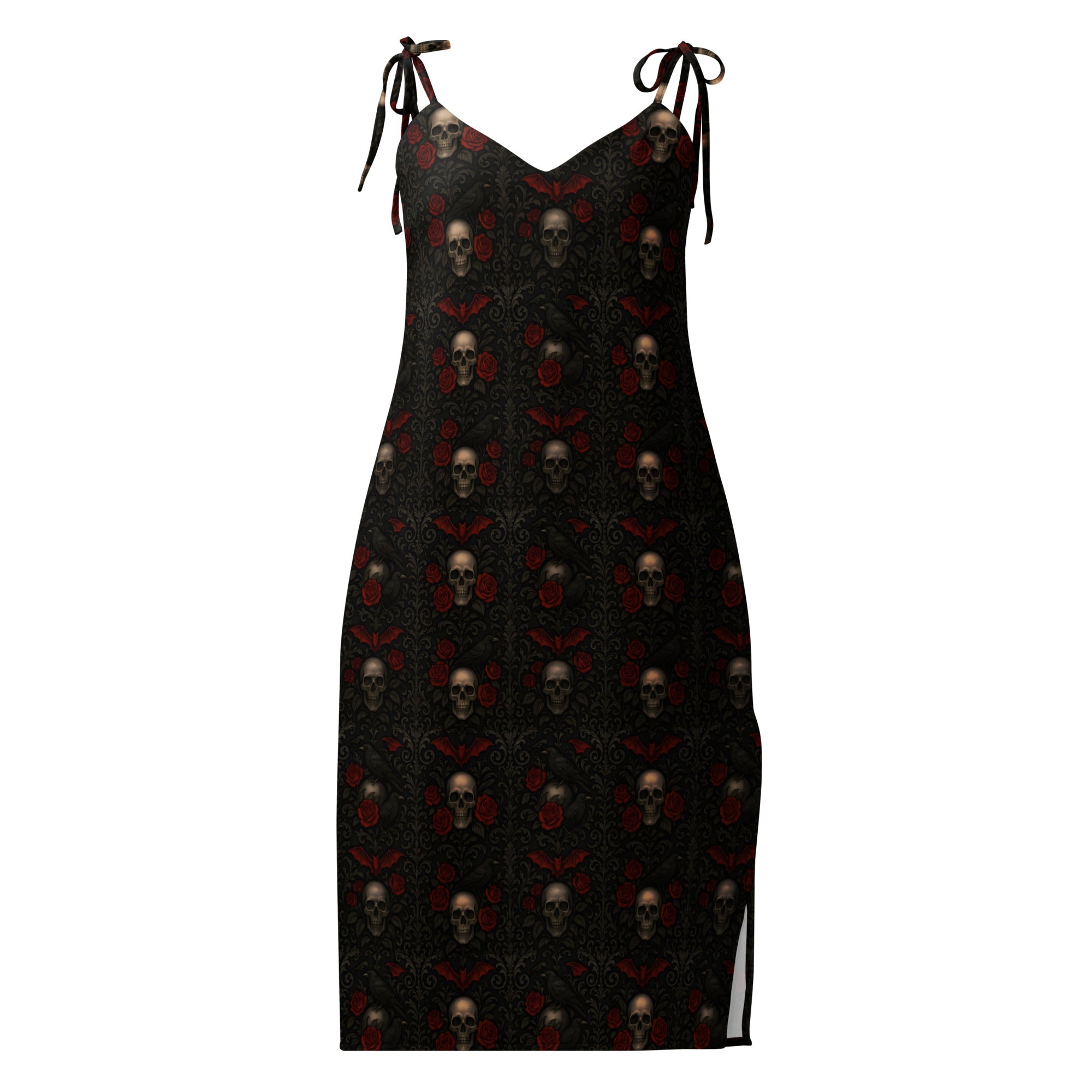 Crimson Mourning chiffon slip dress featuring an all-over Victorian funeral flower pattern from the Funeral Garden collection.