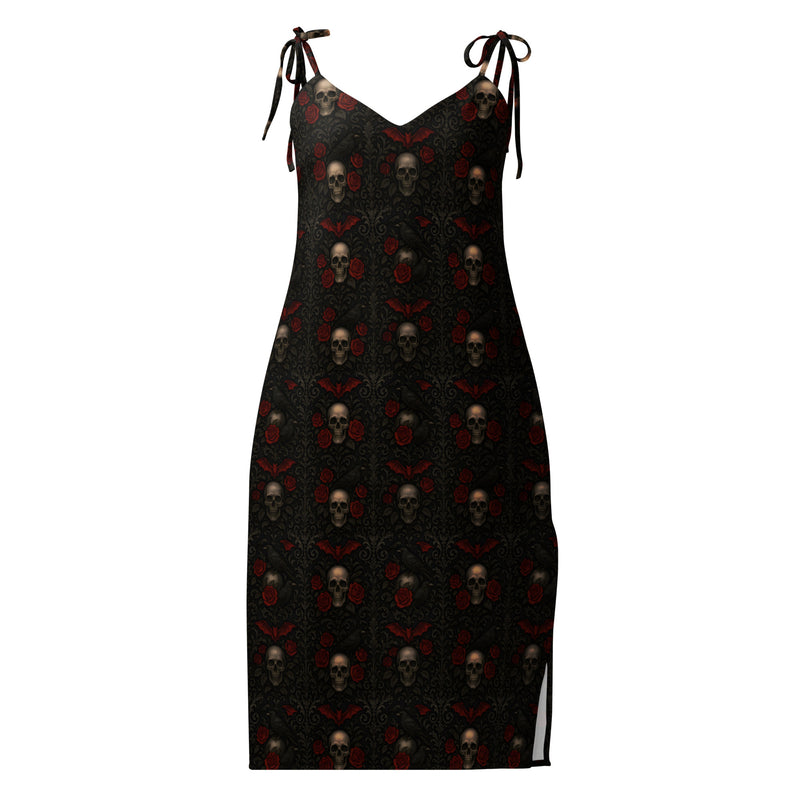 Crimson Mourning chiffon slip dress featuring an all-over Victorian funeral flower pattern from the Funeral Garden collection.