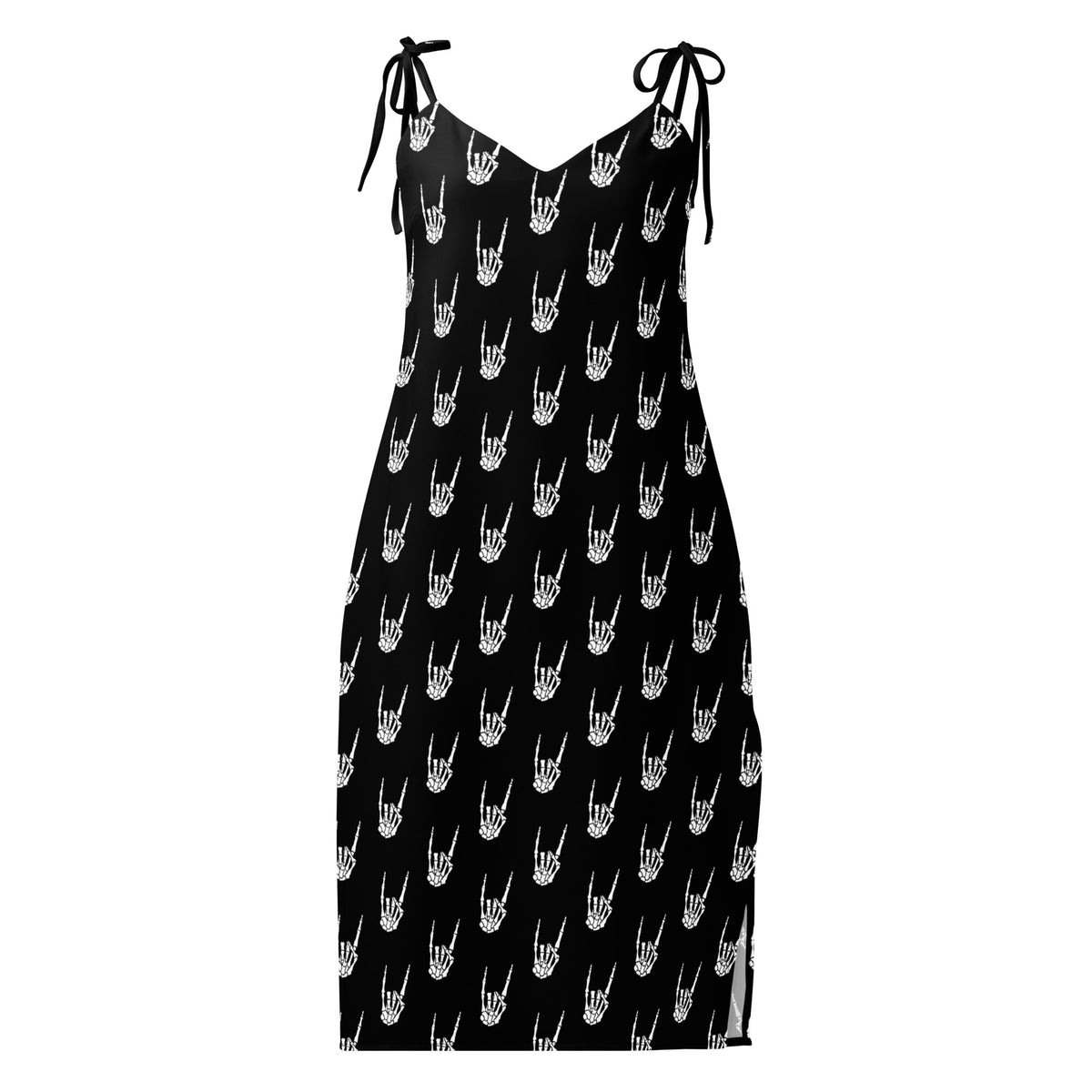 Raise the Devil chiffon slip dress featuring an all-over skeleton hand and devil horns pattern from the Memento Mori collection.