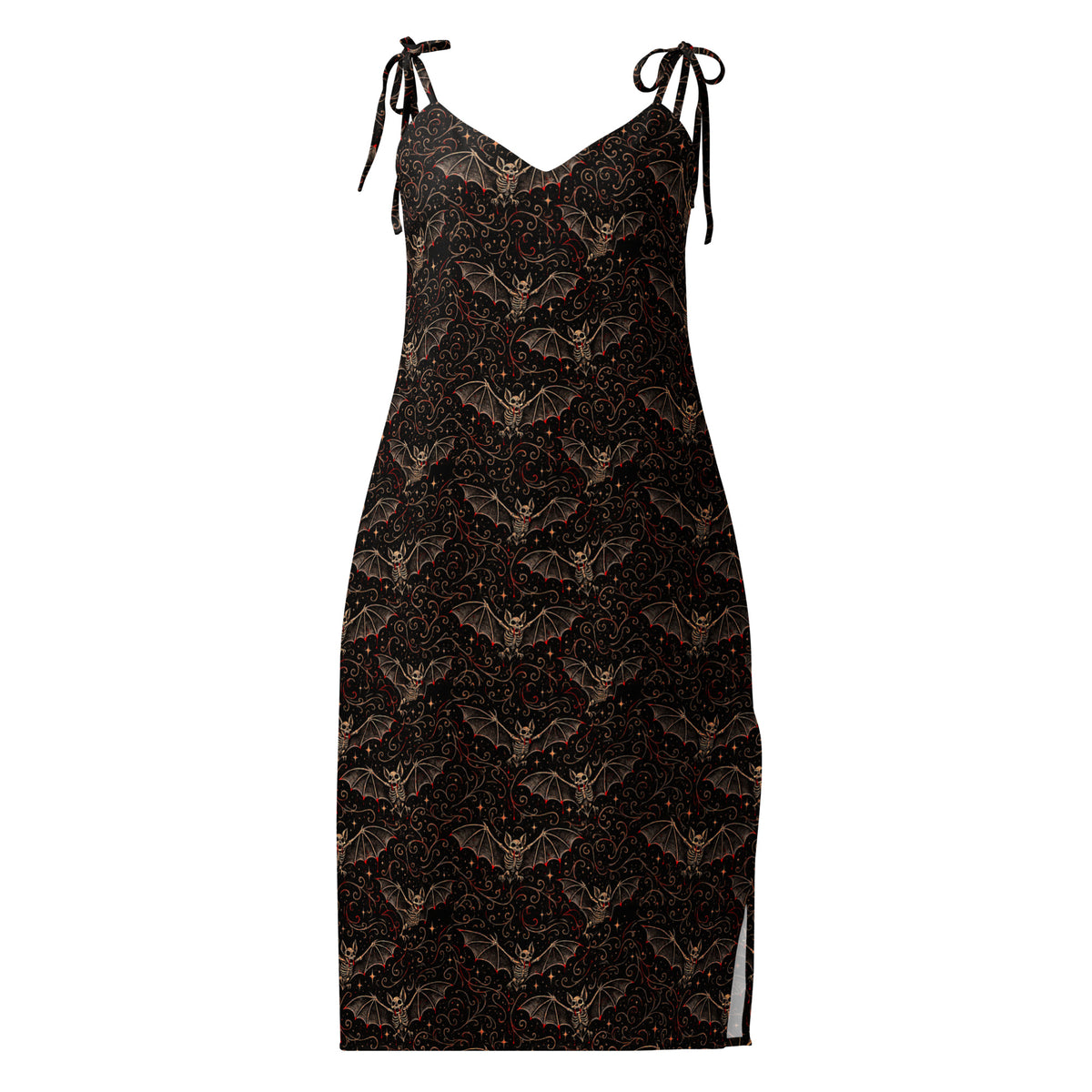 Nocturnal Requiem chiffon slip dress featuring an all-over vampire bat pattern from the Children of the Night collection.