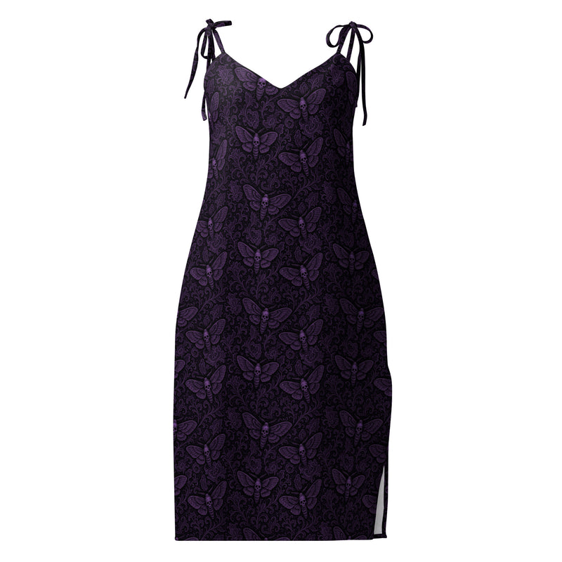 Purple Soul’s Messenger chiffon slip dress featuring an all-over death moth pattern from the Children of the Night and Memento Mori collections.