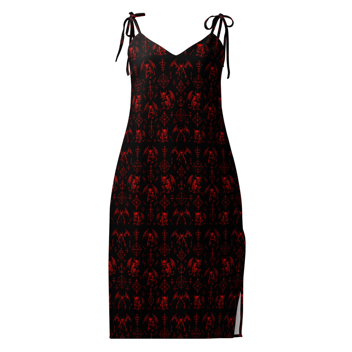 Red Fifth Circle chiffon slip dress featuring an all-over demon bat pattern inspired by the infernal circle of wrath.