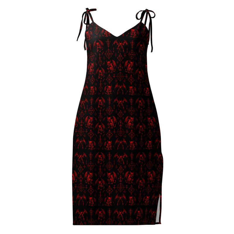 Red Fifth Circle chiffon slip dress featuring an all-over demon bat pattern inspired by the infernal circle of wrath.