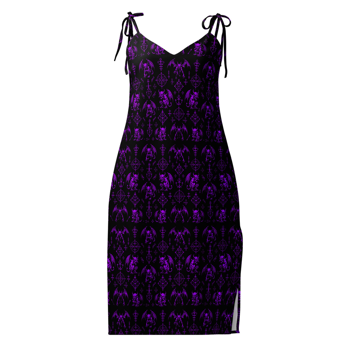 Purple Fifth Circle chiffon slip dress featuring an all-over demon bat pattern inspired by the infernal circle of wrath.
