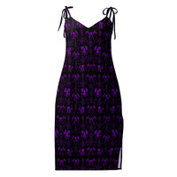 Purple Fifth Circle chiffon slip dress featuring an all-over demon bat pattern inspired by the infernal circle of wrath.