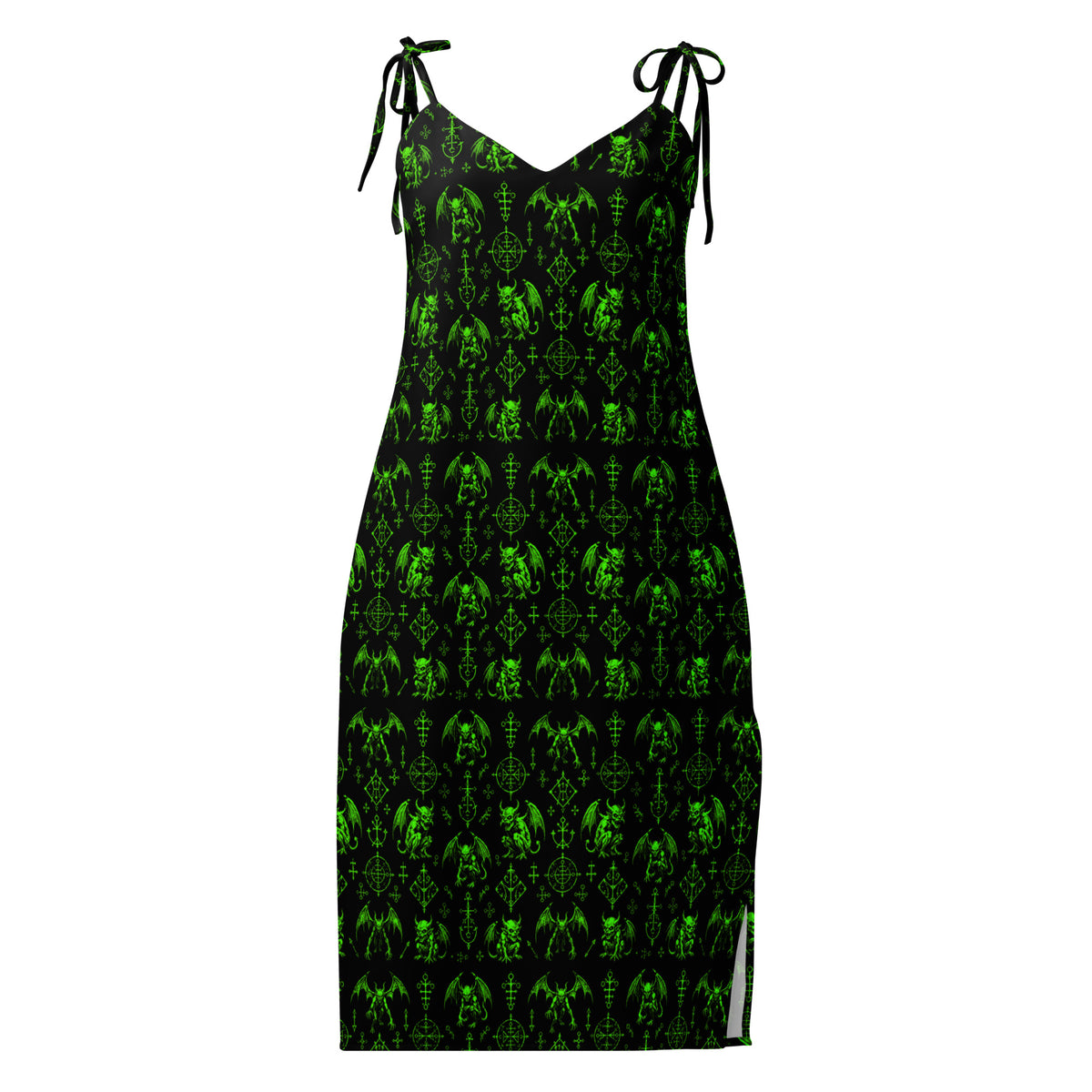 Green Fifth Circle chiffon slip dress featuring an all-over demon bat pattern inspired by the infernal circle of wrath.