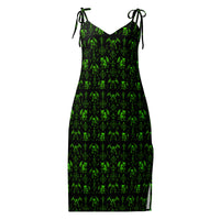 Green Fifth Circle chiffon slip dress featuring an all-over demon bat pattern inspired by the infernal circle of wrath.