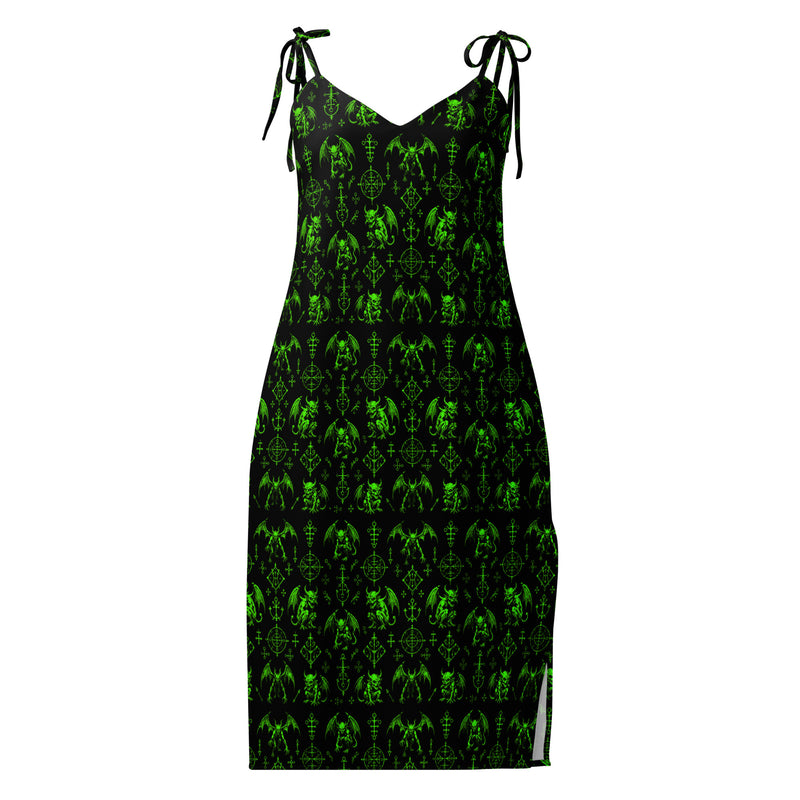 Green Fifth Circle chiffon slip dress featuring an all-over demon bat pattern inspired by the infernal circle of wrath.