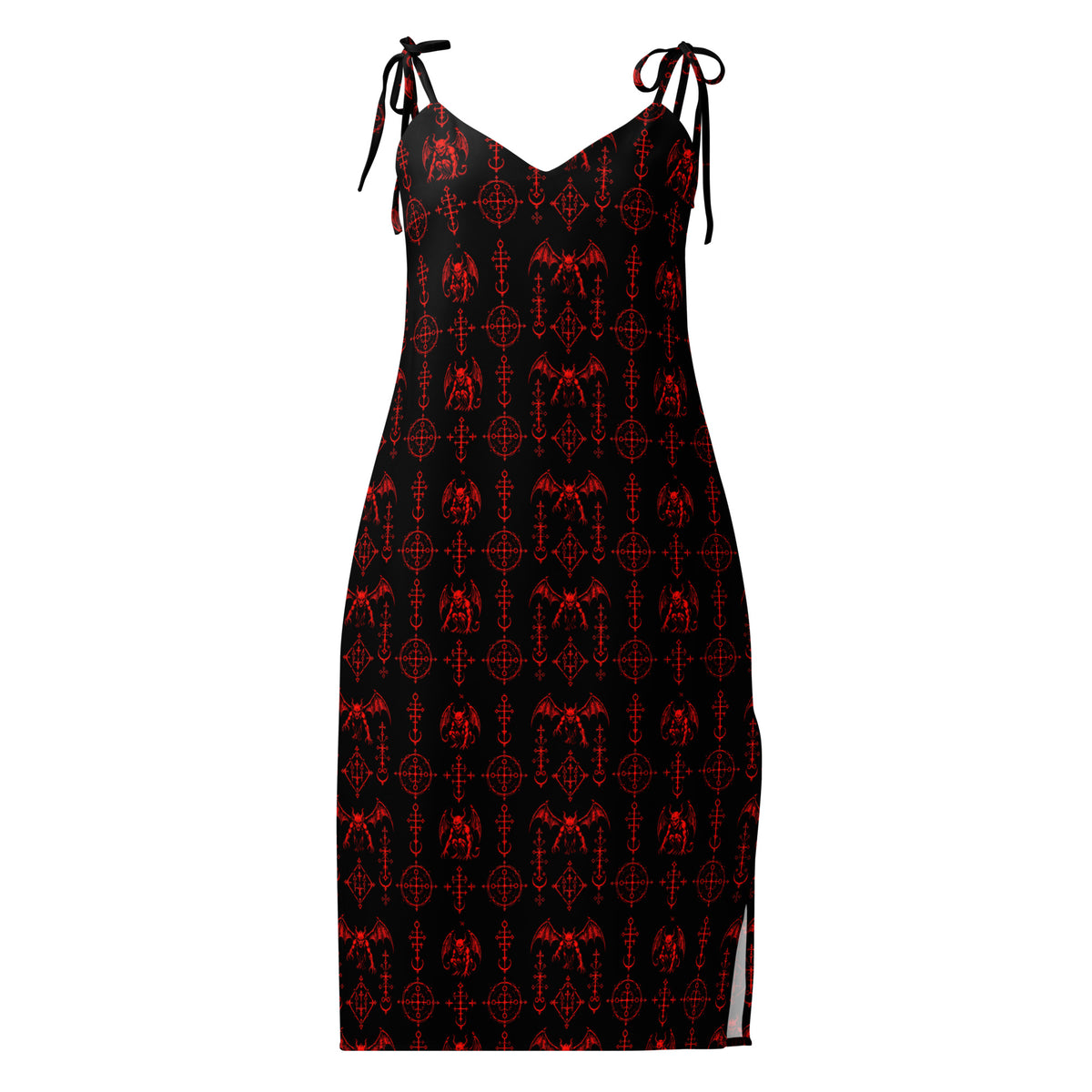 Red Sixth Circle chiffon slip dress featuring an all-over hellspawn guardian pattern inspired by the burning tombs of Hell.