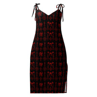 Red Sixth Circle chiffon slip dress featuring an all-over hellspawn guardian pattern inspired by the burning tombs of Hell.