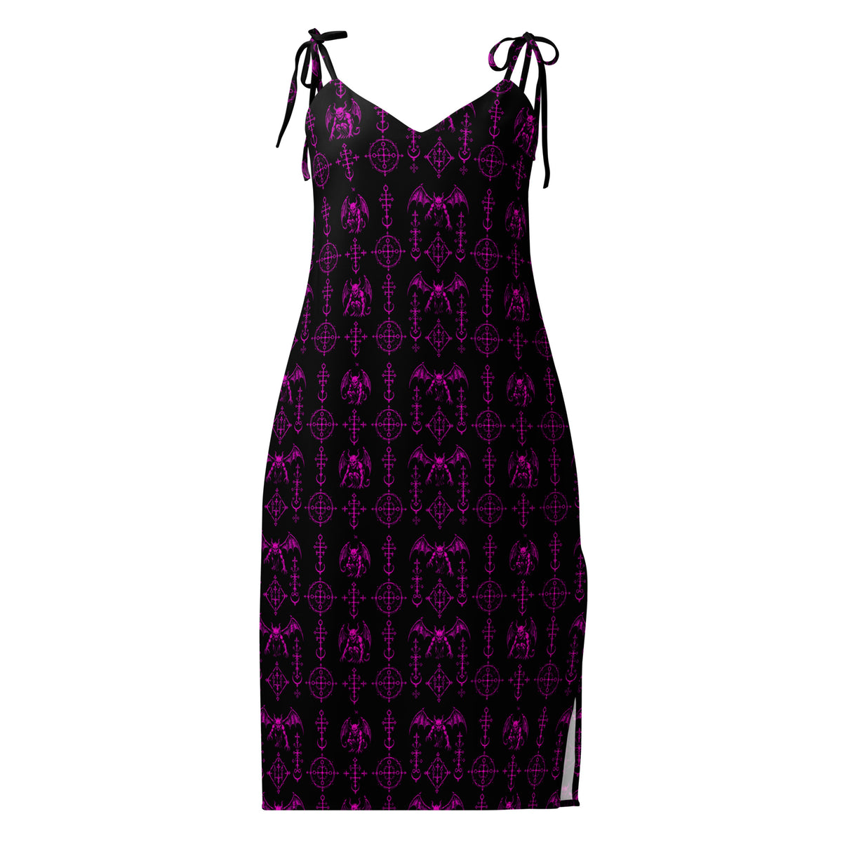 Pink Sixth Circle chiffon slip dress featuring an all-over hellspawn guardian pattern inspired by the burning tombs of Hell.