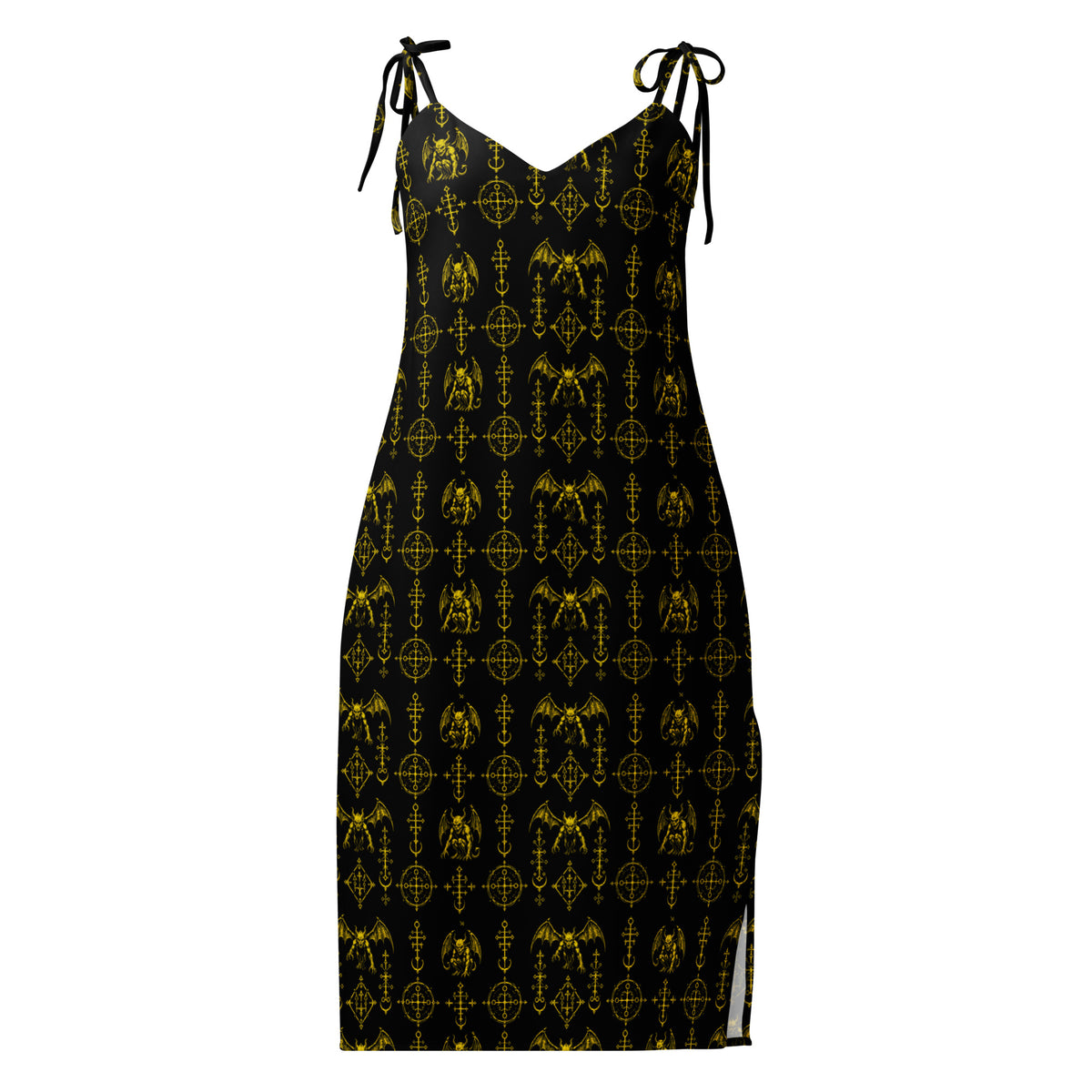 Yellow Sixth Circle chiffon slip dress featuring an all-over hellspawn guardian pattern inspired by the burning tombs of Hell.