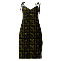 Yellow Sixth Circle chiffon slip dress featuring an all-over hellspawn guardian pattern inspired by the burning tombs of Hell.